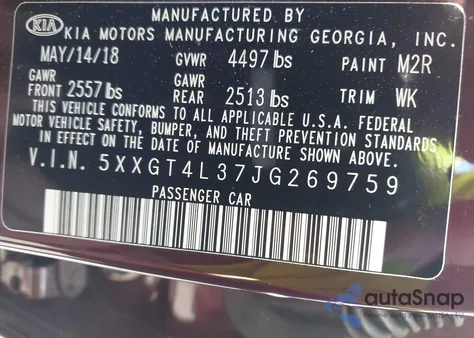 2018 Kia Optima Lx from USA, damaged, VIN 5XXGT4L37JG269759